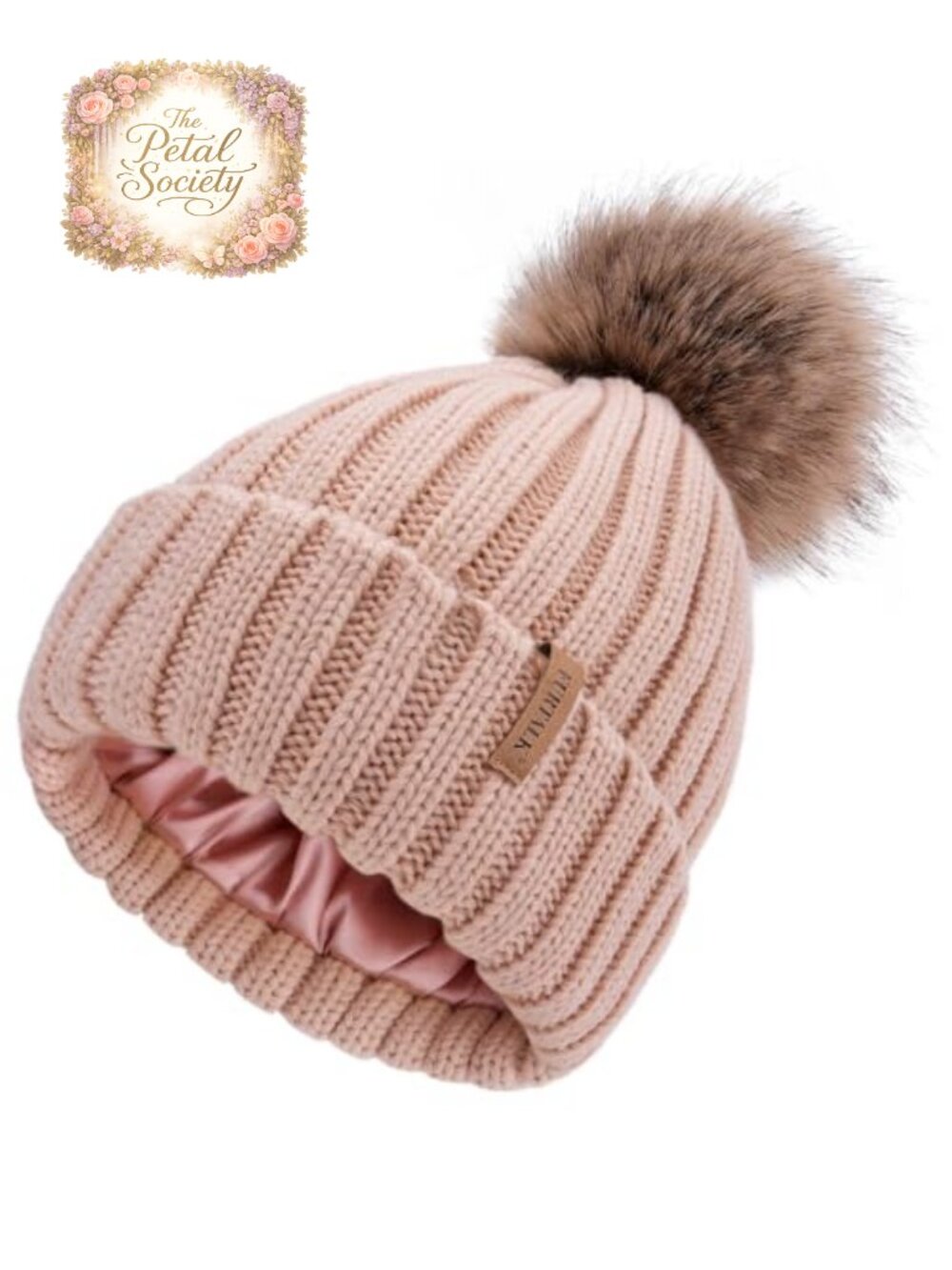 Womens Winter Beanie Satin Lined Faux Fur Pom Pom Warm Knit Hat